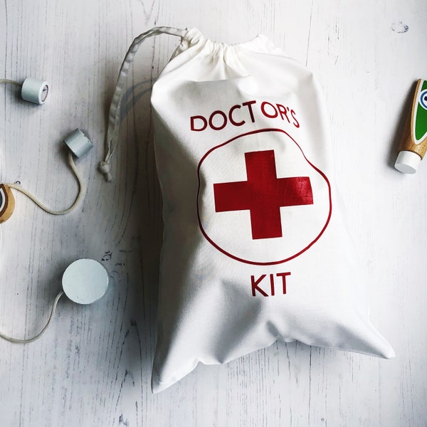 Artsen Kit speelgoed opbergtas, medische tas spelen, EHBO-kit tas, verpleegsters speelgoed, gepersonaliseerde speelgoed tas, noodgeval, kip doen kit, tas met trekkoord