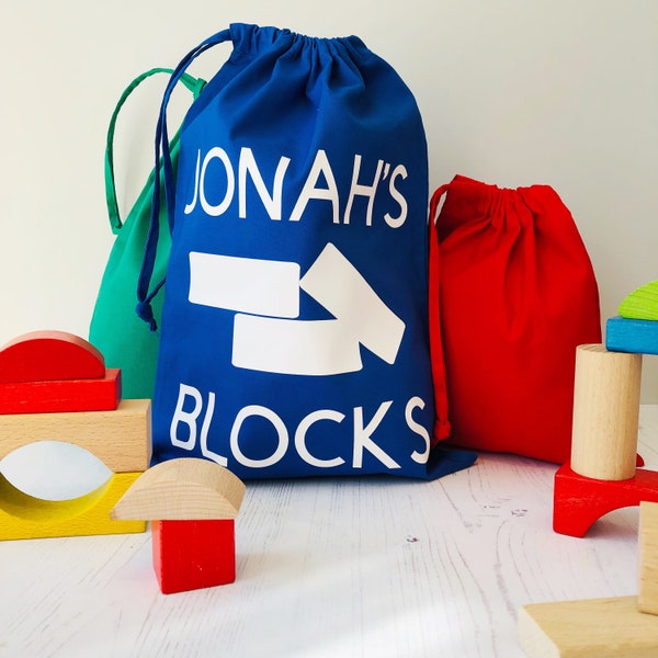 Personalised Building Blocks Bag,  Toy Organisation, Lego Bag, Toy Storage Bag, Playroom Storage, Boys Birthday Gift, Drawstring Bag