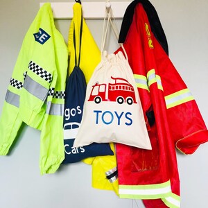 Personalised Fire Engine Toy Bag, Cotton Drawstring Bag, Kids Bedroom Storage, Toy Bag, Toy Storage, Toy Sack, Playroom Storage, Kids Gift image 2