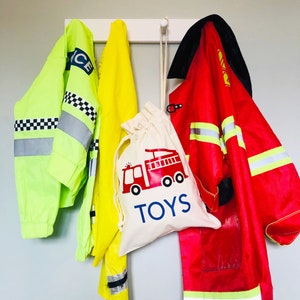 Personalised Fire Engine Toy Bag, Cotton Drawstring Bag, Kids Bedroom Storage, Toy Bag, Toy Storage, Toy Sack, Playroom Storage, Kids Gift image 6
