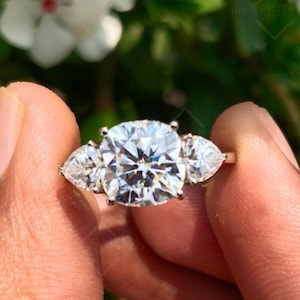 Cushion Cut Lab Grown Diamond Ring, Three Stone Engagement Ring, Side Trillion Diamond, Wedding Ring For Her, Anniversary Ring For Women