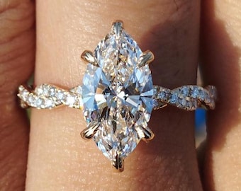 2CT Marquise Lab Diamond Ring | IGI Certified Hidden Halo Engagement Ring | 14k Gold Lab Grown Diamond Ring