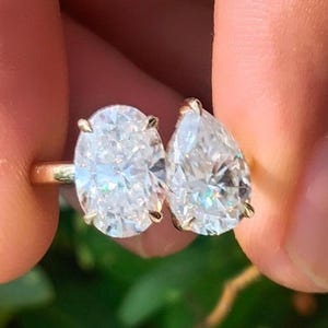 Toi Et Moi Moissanite Engagement Ring, Oval and Pear Cut Two Stone Wedding Ring, Promise Ring, Double Stone Anniversary Ring For Wife