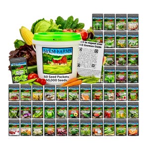 May include: A white plastic bucket with a green lid labeled B&KM FARMS 50 Seed Packets 50,000 Seeds, surrounded by various fresh vegetables and a grid of 50 individual seed packets, plus a white card featuring a QR code for a growers guide.