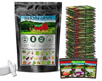 B&KM Farms Heirloom 20-90,000+ Seed Vault - Non-GMO Vegetable, Herb Seeds for Planting - Survival Garden Kit -Food Supply-Gift for Gardeners