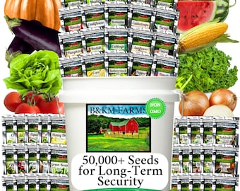 Heirloom Vegetable Seed Vault – 20-50 Varieties, Non-GMO, Survival Garden with Bucket. FREE Bonus Mystery Seed Pack with every purchase!