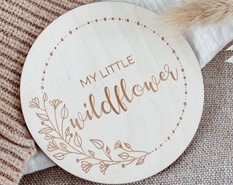 Milestone card "My little Wildflower" - wooden disc