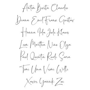 May include: A list of names written in cursive script. The names are Anton, Berta, Claudio, Diana, Emil, Franz, Gustav, Hanna, Ida, Jule, Klaus, Leon, Martha, Nino, Olga, Paul, Quentin, Rudi, Sara, Toni, Uma, Vroni, Willi, Xaver, Yannik, and Zoe.