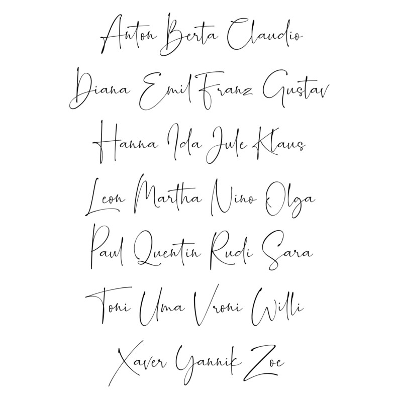 May include: A list of names written in cursive script. The names are Anton, Berta, Claudio, Diana, Emil, Franz, Gustav, Hanna, Ida, Jule, Klaus, Leon, Martha, Nino, Olga, Paul, Quentin, Rudi, Sara, Toni, Uma, Vroni, Willi, Xaver, Yannik, and Zoe.