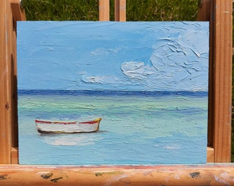 Ocean and sky oil painting seascape boat in the ocean small painting original oil painting wall art