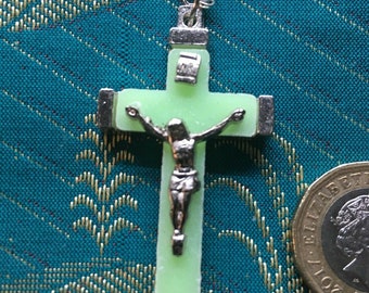 BLESSED Glow in dark  green Crucifix with platinum plated chain.