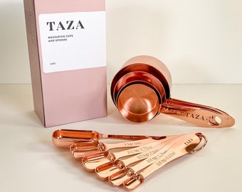 Measuring Cups and Spoons Set by Taza Kitchenware - 10 Piece Rose Gold Metal Stackable Compact Easy Scoop Cups and Spoons