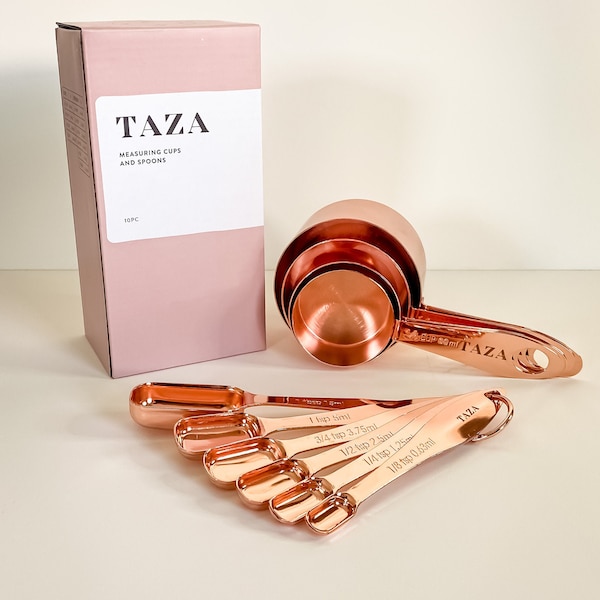 Measuring Cups and Spoons Set by Taza Kitchenware - 10 Piece Rose Gold Metal Stackable Compact Easy Scoop Cups and Spoons