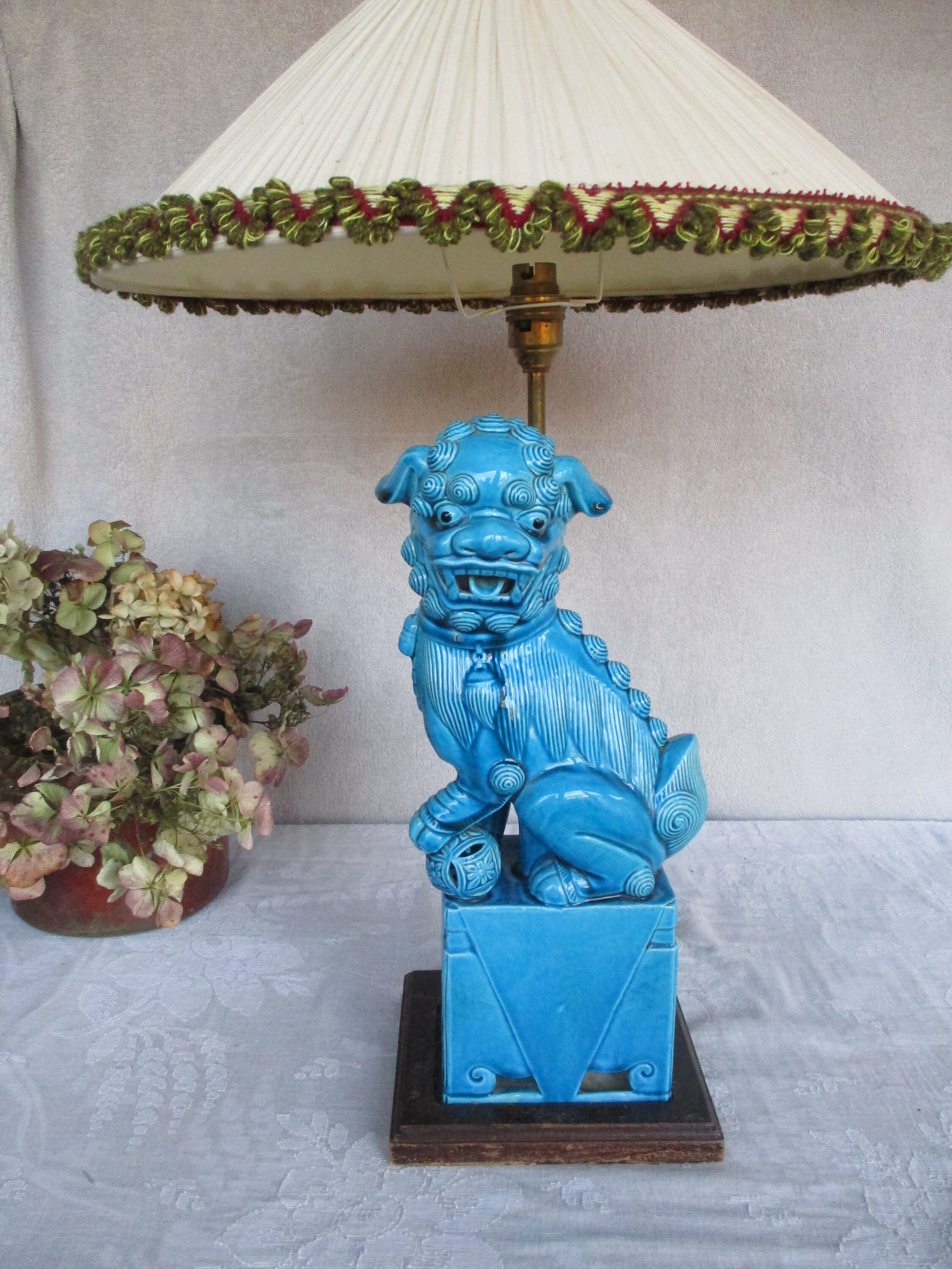 Vintage Mid Century Turquoise Ceramic Foo Dog Lampe de Table