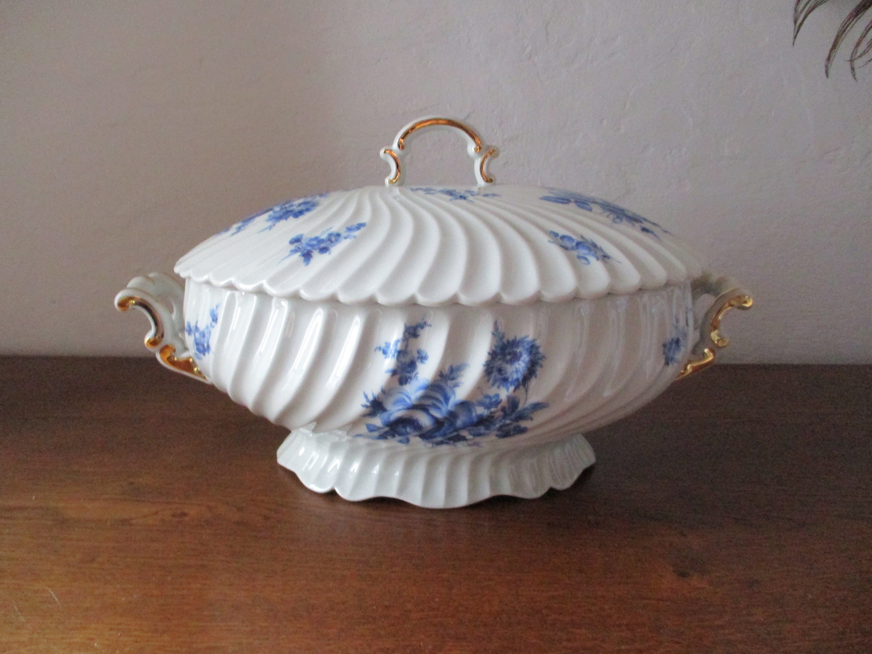 Antique Français Limoges Porcelaine Soupiere/Bol à Soupe Bleu et Blanc Soupiere