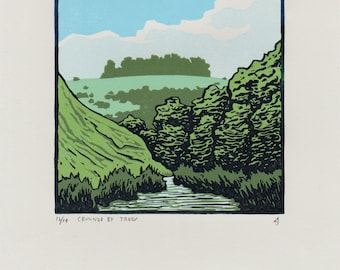 Linocut landscape, valley and stream lino print, handmade wall art, green and blue beautiful nature picture