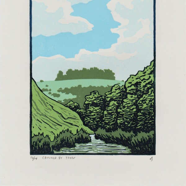 Valley Stream Linocut Print, Green & Blue Handmade Landscape Art
