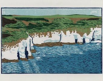 Woodcut Print - Seacaves at Flamborough head, seascape white cliffs, A4 landscape Wood print, wall art