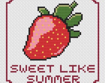 Strawberry Fruit Cross Stitch Pattern, Sweet Like Summer Embroidery Design, Juicy Red And Green Food Sewing Picture, Easy To Follow Craft