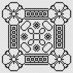 May include: Black and white cross-stitch pattern featuring a symmetrical design. The central square is surrounded by floral and geometric shapes. The design includes repeating rectangular and square elements, creating a detailed and intricate pattern.
