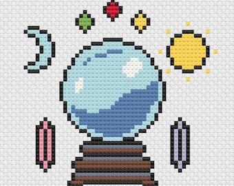 Kristall Ball Kreuzstich Muster, Heilende Kristalle Stickerei, Wahrsagerin Nähen Design, Sonne und Mond Mystisch Magie Handwerk Bild