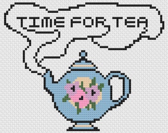 Teapot Cross Stitch Pattern, Time For Tea, Floral Sewing Design, British Culture Embroidery, Pink And Purple Flowers, Easy To Follow, DMC