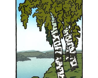 Colour Linocut Print, Lake View, Limited Edition Handmade Landscape Artwork, Beautiful Countryside Picture