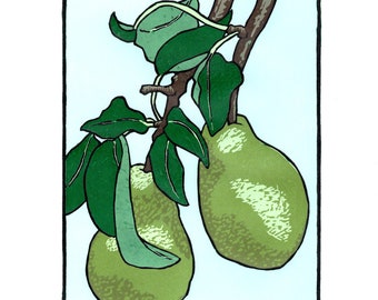 Linocut Reduction Print Of Hanging Pears, Beautiful Juicy Fruit Surrounded By Luscious Leaves, Printed on A4 Japanese Paper, Botanical Art