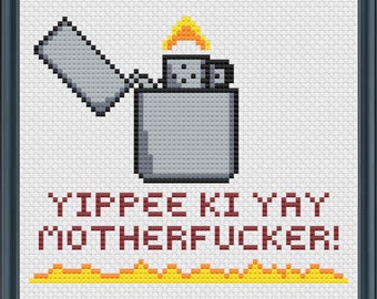 Action Movie Quote Cross Stitch Pattern, Zippo Lighter Sewing Design, Tough Guy Phrase Embroidery, Yippee Ki Yay Motherfucker Picture