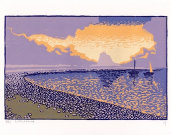 Lindisfarne Sunset Beach Linocut, Northumberland Coast Landscape Lino Print, Holy Island Castle art, Atmospheric Coastal seascape artwork