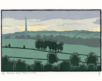 Emley Moor Transmitting Station Landscape Linocut  Print, TV Tower Evening Sunset Reduction Print Artwork, Atmospheric British Countryside