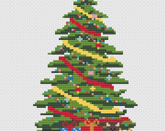 Christmas Tree Cross Stitch Pattern, Festive Winter Embroidery, Xmas Sewing Pattern With Decorations And Presents, Toys And Gifts From Santa