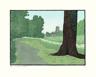 Fountains Abbey Linocut Reduction Print - English Landscape Art - Beautiful Countryside scene with old building, 11 x 14 inch picture