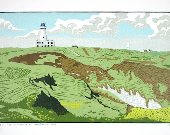Lighthouse Coastal Linocut Print, Flamborough Head English landscape wall art, Seascape Linoprint relief Picture