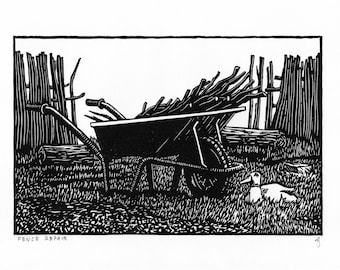 Fence Repair, Linocut Rural Landscape Print, British Countryside Artwork, Black and White Wheelbarrow and duck