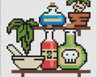 Witch's Pantry Cross Stitch Pattern, Witchcraft And Potions Embroidery Design, Rustic Wooden Ingredients Shelf Sewing image, mandrake plant