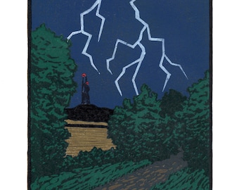 Lightning Beyond The Valley, Landscape Linocut Print, British countryside On A Stormy Night Artwork, Handmade Atmospheric nocturne Picture