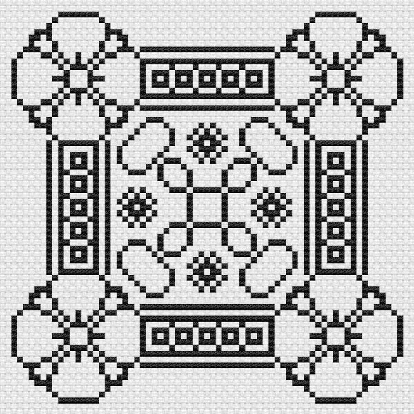 Spanish Blackwork Geometric Flower Frame Cross Stitch Pattern, Black and white lace Embroidery Design, Intricate symmetrical Sewing art