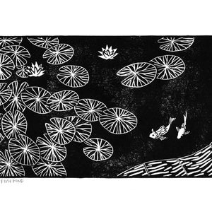 Fish Pond Linocut Landscape Print, A Peaceful Image Of Goldfish Swimming Beneath Some Lily Pads, A4 Black And White Artwork For The Home