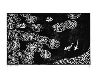 Fish Pond Linocut Landscape Print, A Peaceful Image Of Goldfish Swimming Beneath Some Lily Pads, A4 Black And White Artwork For The Home