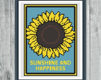 Sunflower Cross Stitch Pattern, Sunshine And Happiness pdf Flower embroidery, Positive And Uplifting Inspiration art, Cute Yellow And Blue