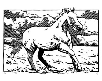 Free Galloping Horse Linocut Wall Art, Handmade Equestrian Black And White Animal Lino Print