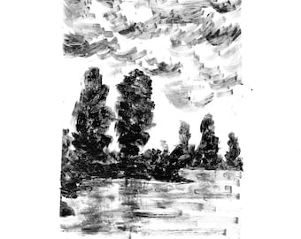 Lake View Monotype Gelli Print, Peaceful Landscape Artwork, Acrylic Printed Trees And Nature On Paper, Black and White Handmade Art Design