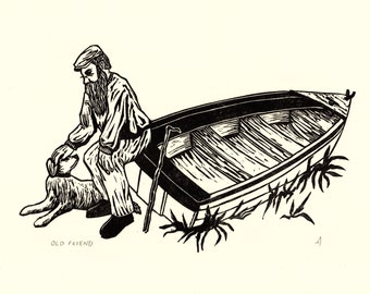 Old Friend Linocut Artwork, Old Man With His Dog Sat On a Boat Lino Print, Handmade Illustration On Japanese paper, Traditional Craft