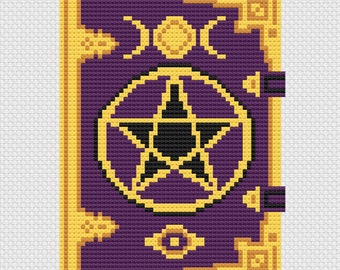 Spell Book Cross Stitch Pattern, Witches Magic Grimoire Embroidery, Pentagram Sewing Design, Gold And Purple Old Tome, Handmade Sewing Craft