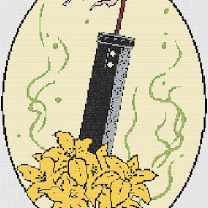 Puede incluir: Imagen pixelada de una espada negra con una hoja gris y un mango rojo, coronada por una bandera rosa. Flores amarillas en la base, sobre un fondo amarillo claro con espirales verdes, todo dentro de un óvalo.