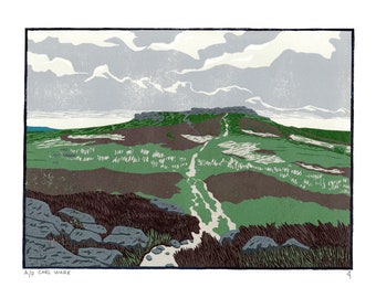 Carl Wark Peak District Landscape Linocut Print, Beautiful Full Colour Landscape Lino Print Artwork, Handmade Picture of English Countryside