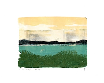 View Across The Bay, Landscape Monotype Gelli Print, Handmade Sunset Seascape Artwork, Gel Plate Acrylic Pull, A4 Size Design On Paper,