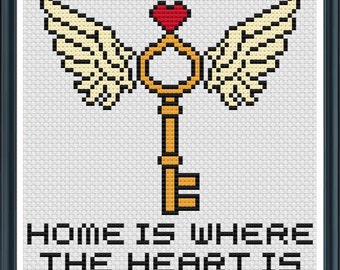 House Key With Wings and heart Cross Stitch Pattern, Embroidery Gift For A House Warming Party Or New Home, Easy To Follow PDF Sewing Design