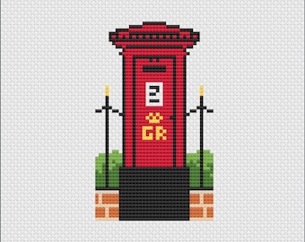 Royal Mail British Post Box Cross Stitch Pattern, Vintage Red And Gold Iconic London Sewing Design, Classic English Street Embroidery Craft